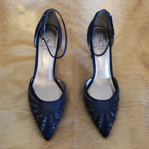 NWoT Adrianna Papell Navy Blue Satin Beaded Pointed Toe Pump, Size 7.5 - Picture 4 of 16